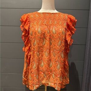 DR2 Vibrant Orange Paisley Blouse with Ruffle Sleeves